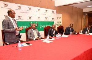 Left to Right: Prof. Barnabas Nawangwe, Mr. Bruce Kabaasa, Prof. Henry Alinaitwe, Mr. Yusuf Kiranda and Mr. Evarist Bainomugisha at the launch.