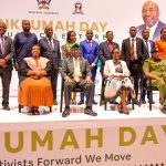 (Seated L-R ) Secretary General Dr. Grace Kabayo –Pan Africanism Women Organisation; Prime Minister Emeritus - Dr. Ruhakana Rugunda; Mak Council Chairperson Mrs. Lorna Magara; Joint Staff – Political Commissariat, Major General Henry Masiko and other participants in a group photo after the Public lecture on Friday 20th Septemeber 2024.