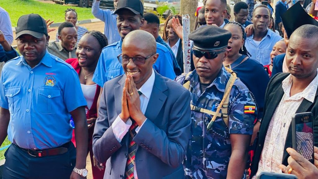 MUBS staff and students gather in celebration to congratulate Prof Moses Muhwezi as substantive Principal of MUB by President Museveni1